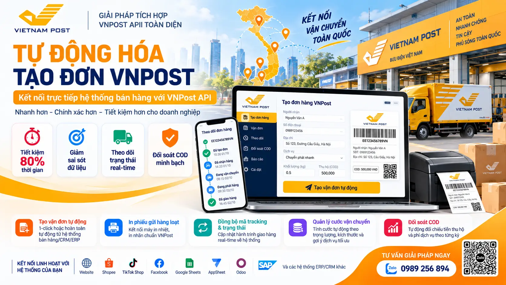 Tích Hợp lên đơn Tự Động VNPost cho Website, CRM, ERP & Google Sheets