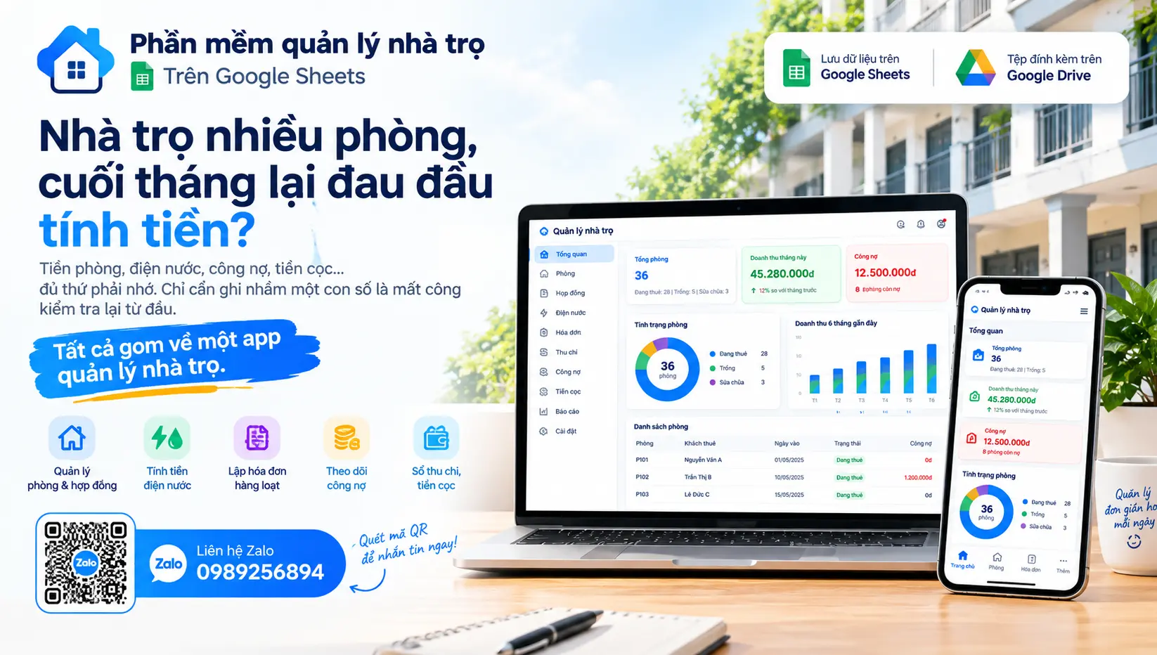 Phần mềm quản lý nhà trọ trên Google Sheets: Hợp đồng, điện nước, hóa đơn và thu chi
